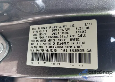 2011 Honda Accord 2.4 Se from USA, damaged, VIN 1HGCP2F6XBA062438